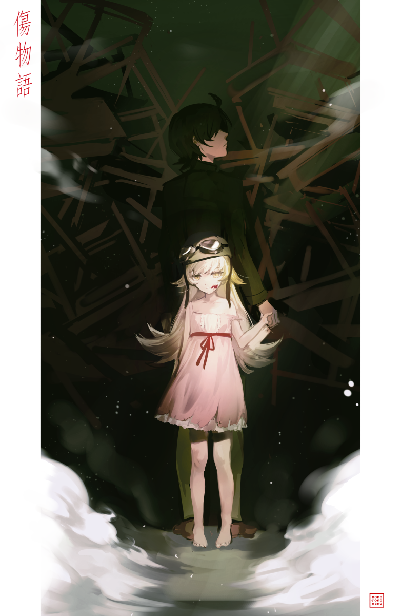 1girl bakemonogatari bangs barefoot black_hair blood blood_on_face brown_footwear character_request closed_mouth dress goggles goggles_on_headwear green_pants green_shirt hand_holding helmet highres k_(sktchblg) kizumonogatari long_hair long_sleeves looking_at_viewer monogatari_(series) oshino_shinobu pants pink_dress red_ribbon ribbon shirt shoes standing strap_slip yellow_eyes