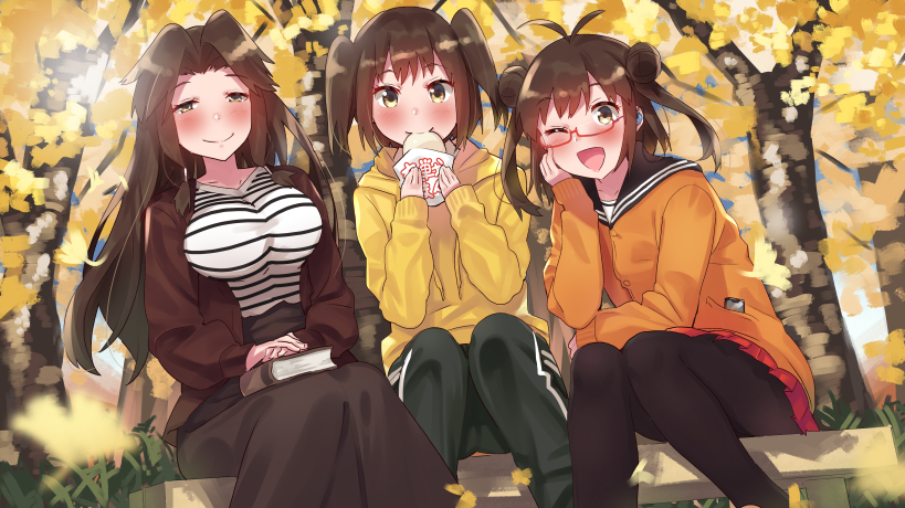 3girls antenna_hair bench bespectacled black_legwear blouse blush book breasts brown_eyes brown_hair brown_jacket brown_skirt casual cellphone double_bun eating flat_chest glasses grass half_updo hood hooded_jacket jacket jintsuu_(kantai_collection) kantai_collection large_breasts long_hair long_skirt long_sleeves multiple_girls naka_(kantai_collection) one_eye_closed orange_cardigan pants pantyhose park phone red-framed_eyewear red_skirt sailor_collar school_uniform sendai_(kantai_collection) serafuku shirt sitting skirt smartphone striped striped_shirt tonari_no_kai_keruberosu track_jacket track_pants track_suit tree two_side_up yellow_jacket yellow_leaves