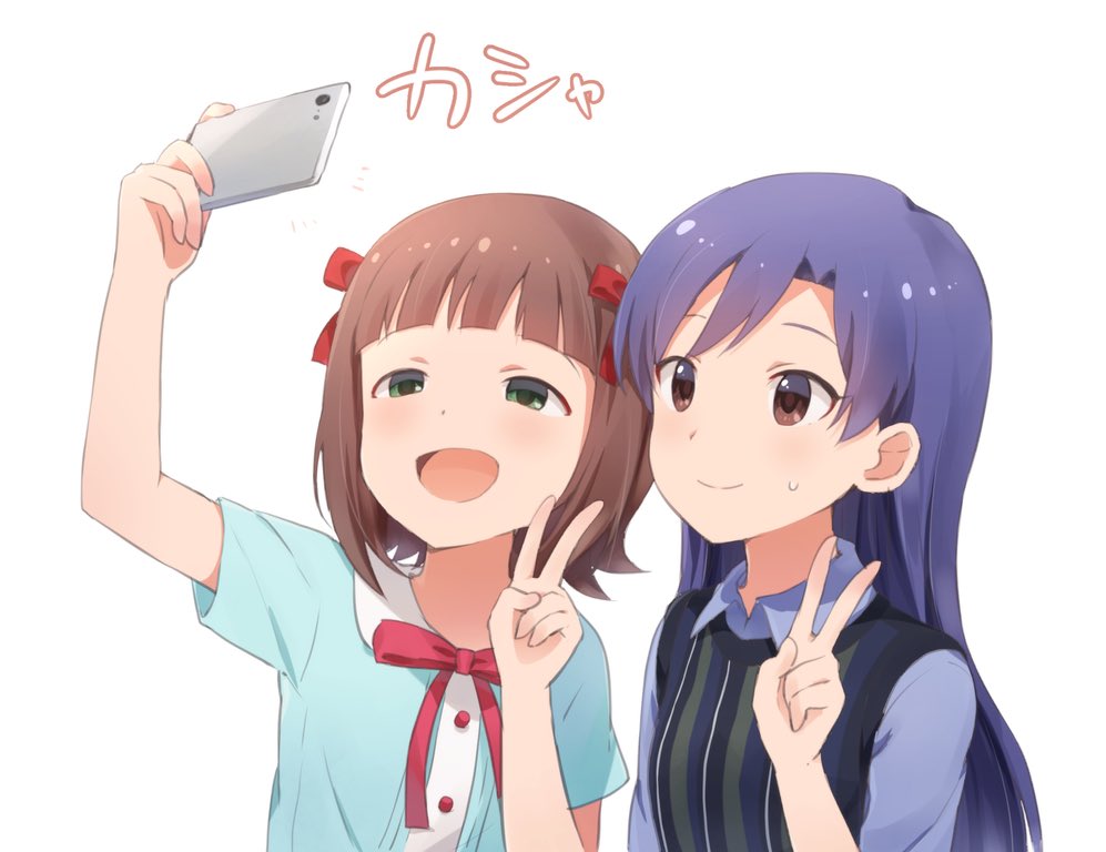 2girls amami_haruka blouse blue_blouse blue_hair brown_eyes brown_hair buchi_(y0u0ri_) casual cellphone green_eyes hair_ribbon holding holding_phone idolmaster idolmaster_(classic) kisaragi_chihaya long_hair looking_at_phone multiple_girls phone ribbon self_shot short_hair simple_background smartphone sweater_vest upper_body v white_background