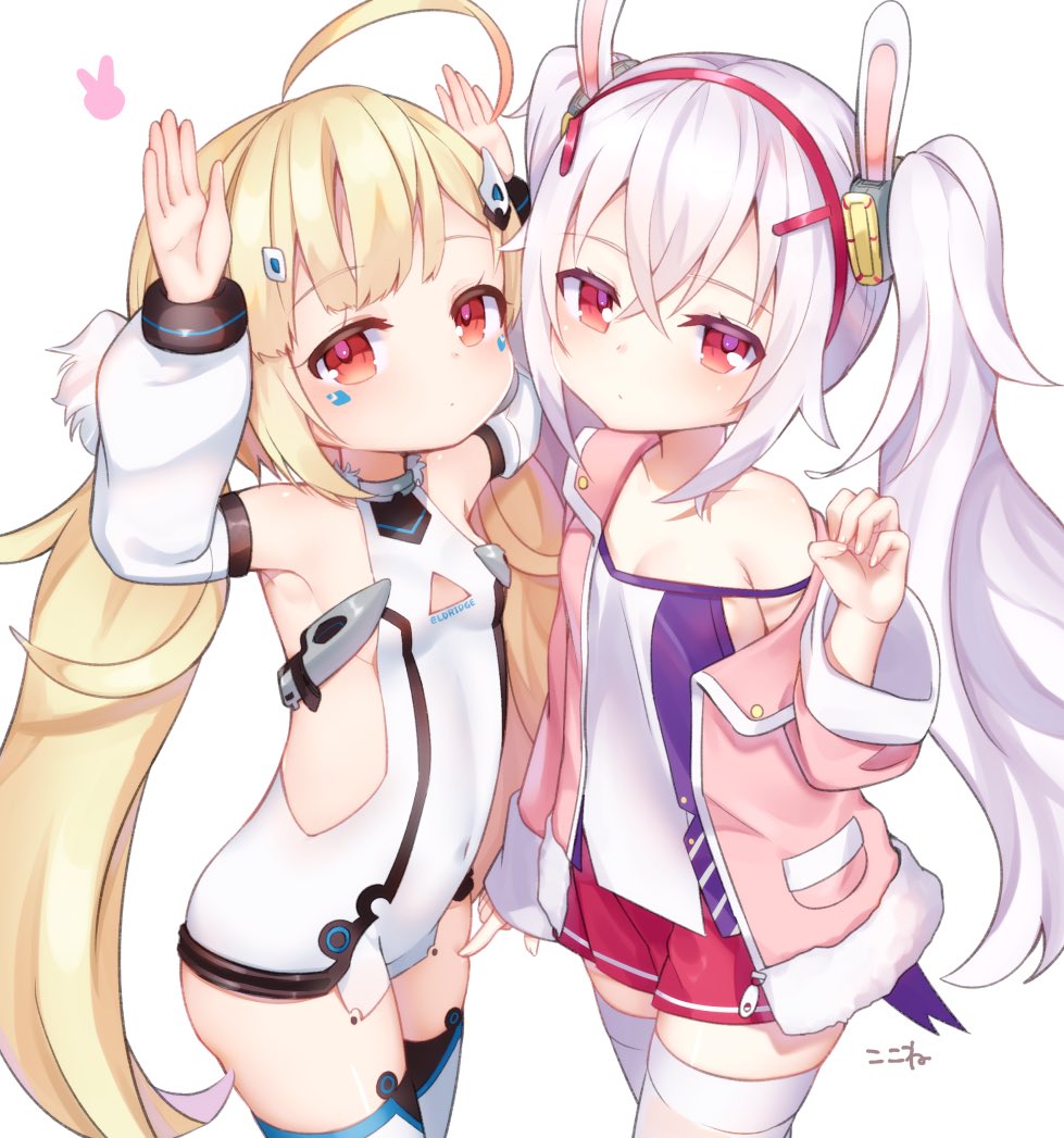 2girls ahoge animal_ears armpits azur_lane bare_shoulders blonde_hair closed_mouth commentary_request detached_sleeves eldridge_(azur_lane) expressionless eyebrows eyebrows_visible_through_hair hair_between_eyes koko_ne_(user_fpm6842) laffey_(azur_lane) long_hair looking_at_viewer multiple_girls pocket poking rabbit_ears red_eyes thigh-highs twintails very_long_hair white_background white_hair zettai_ryouiki