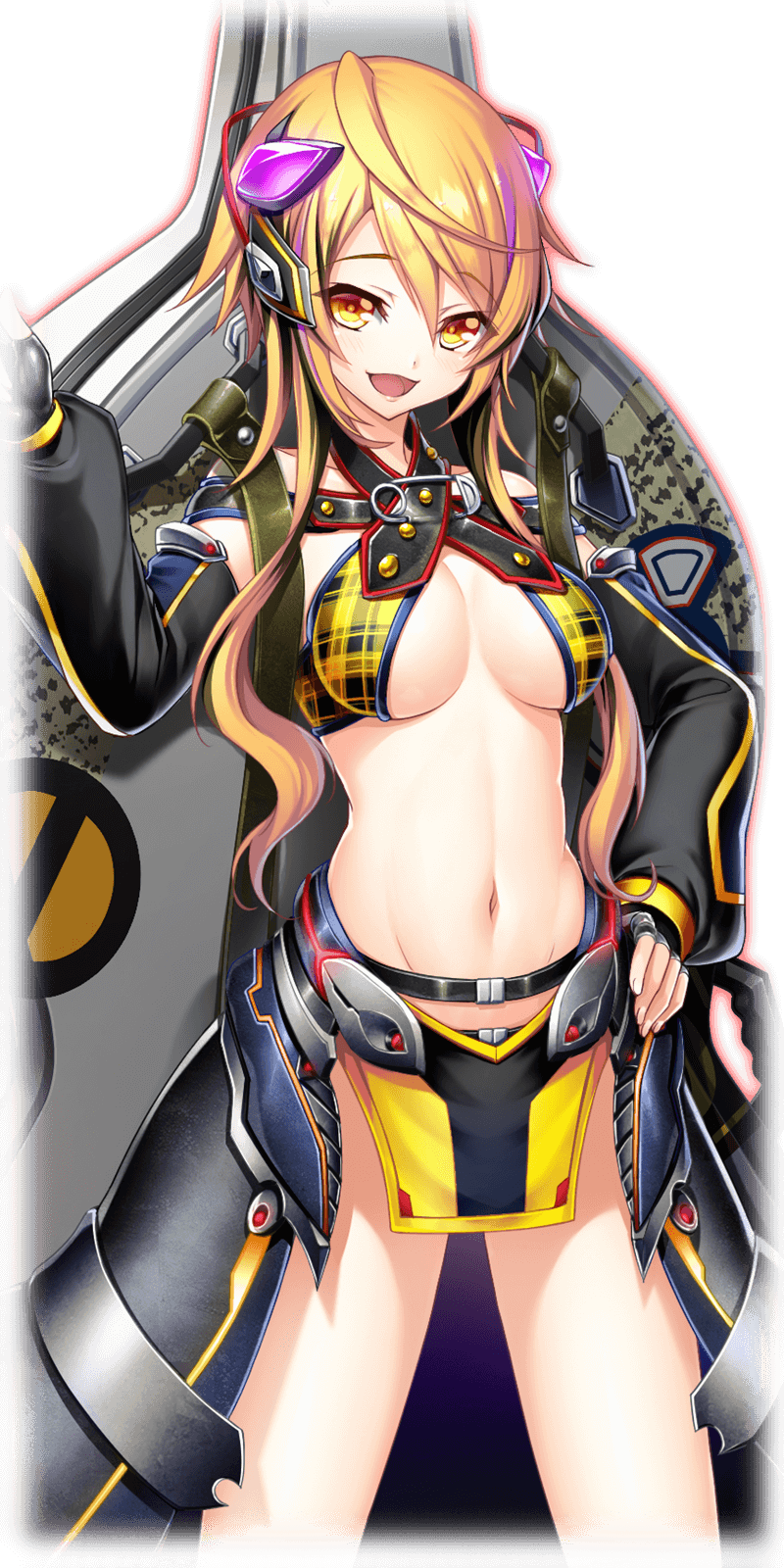 1girl :d belt black_gloves blonde-hair blush bra breasts detached_sleeves fingerless_gloves gloves hair_ornament hand_on_hip hand_up highres long_hair medium_breasts mia_fender midriff navel necro_suicide_mission official_art open_mouth plaid plaid_bra safety_pin smile solo standing underwear yellow_eyes