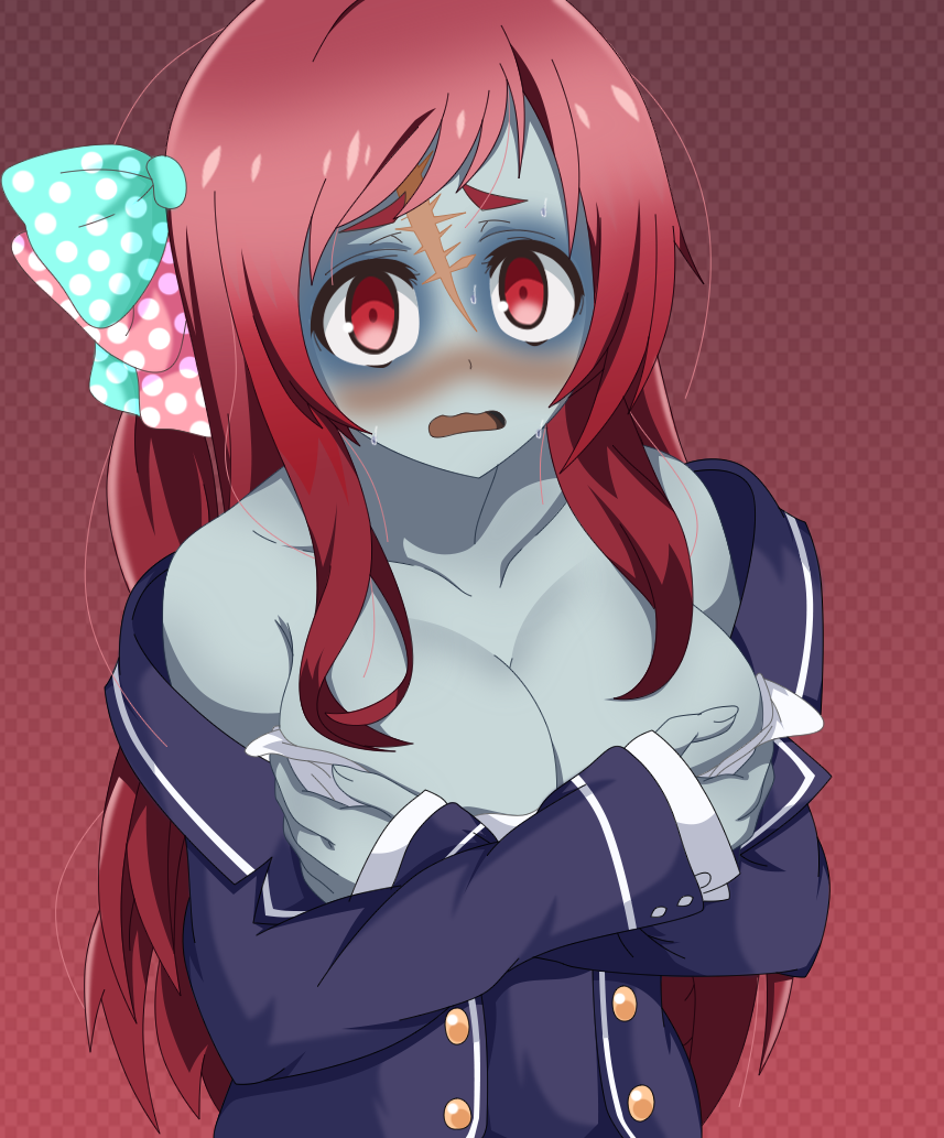 1girl bare_shoulders blue_skin blush bow breasts carlos_daniel checkered checkered_background collarbone covering covering_breasts eyeshadow large_breasts long_hair makeup minamoto_sakura off_shoulder open_mouth polka_dot polka_dot_bow red_eyes redhead scar scar_across_eye school_uniform simple_background solo sweat wavy_mouth zombie zombie_land_saga