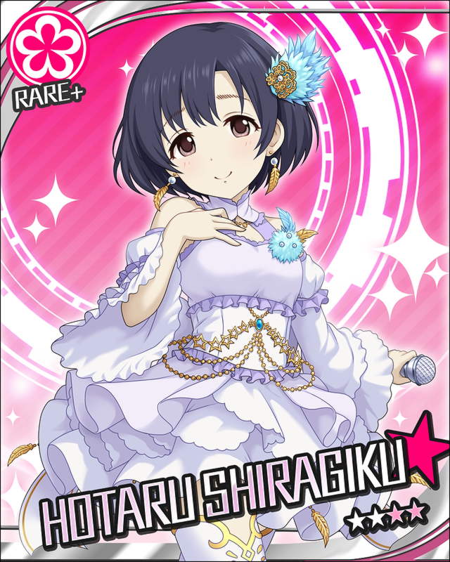 black_hair blush character_name dress idolmaster idolmaster_cinderella_girls microphone shiragiku_hotaru short_hair smile stars violet_eyes