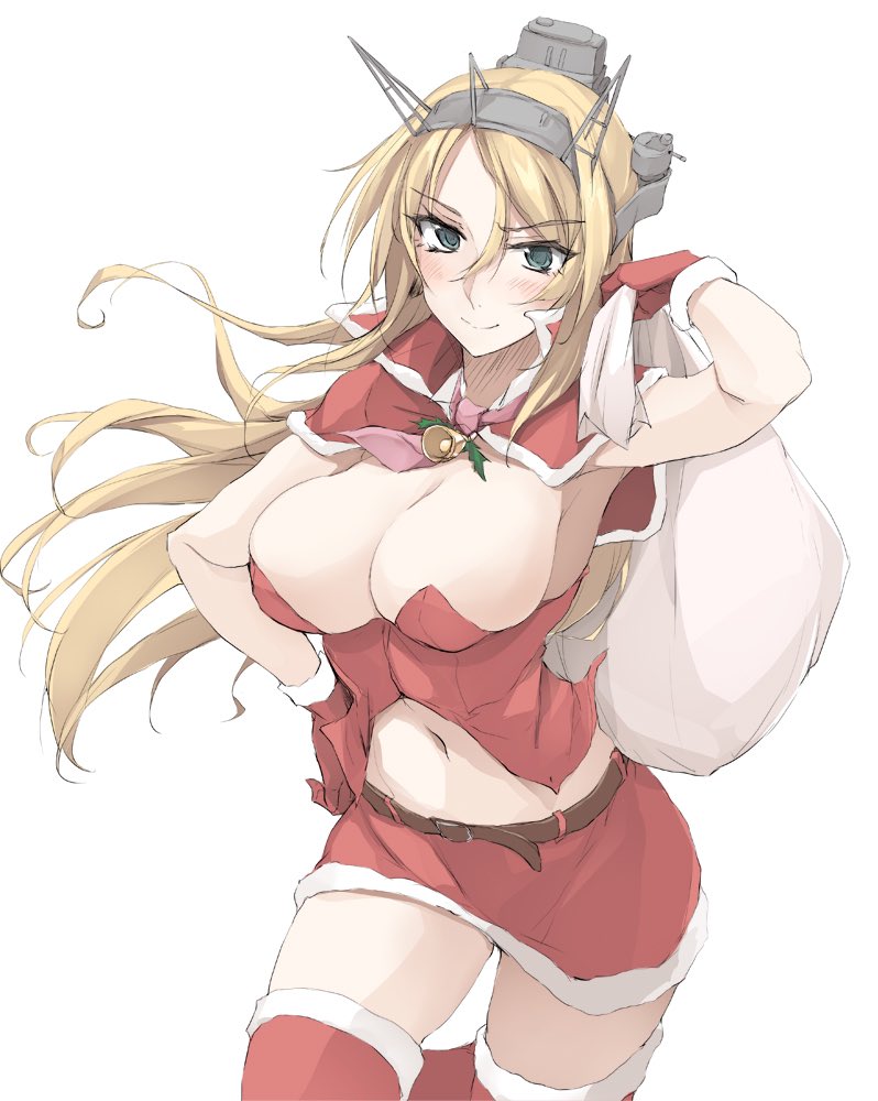 1girl bell belt blonde_hair blue_eyes breasts cleavage commentary_request cropped_jacket fur_trim headgear kantai_collection large_breasts long_hair midriff miniskirt mistletoe navel necktie nelson_(kantai_collection) sack santa_costume skirt solo thigh-highs white_background zekkyon