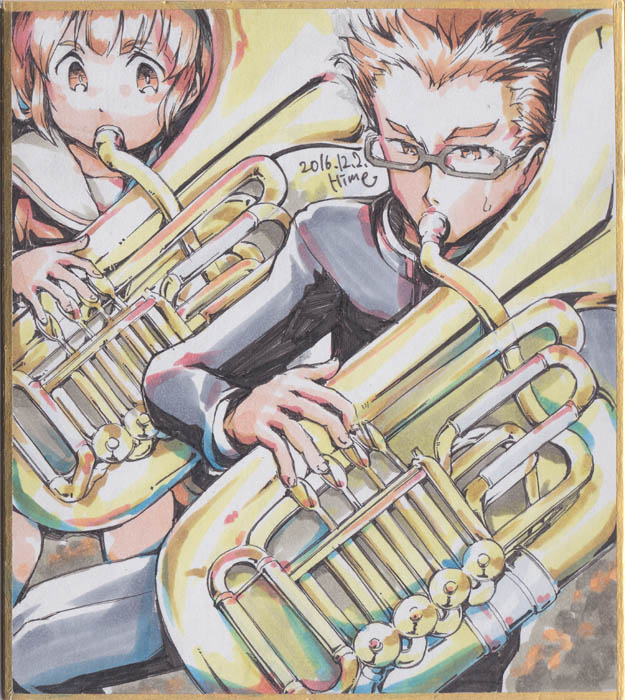 1boy 1girl artist_name black-framed_eyewear brown_hair dated glasses gotou_takuya hibike!_euphonium hime_(himesama_2c) instrument looking_at_another marker_(medium) millipen_(medium) music nagase_riko playing_instrument school_uniform short_hair sitting sweatdrop thick_eyebrows traditional_media tuba