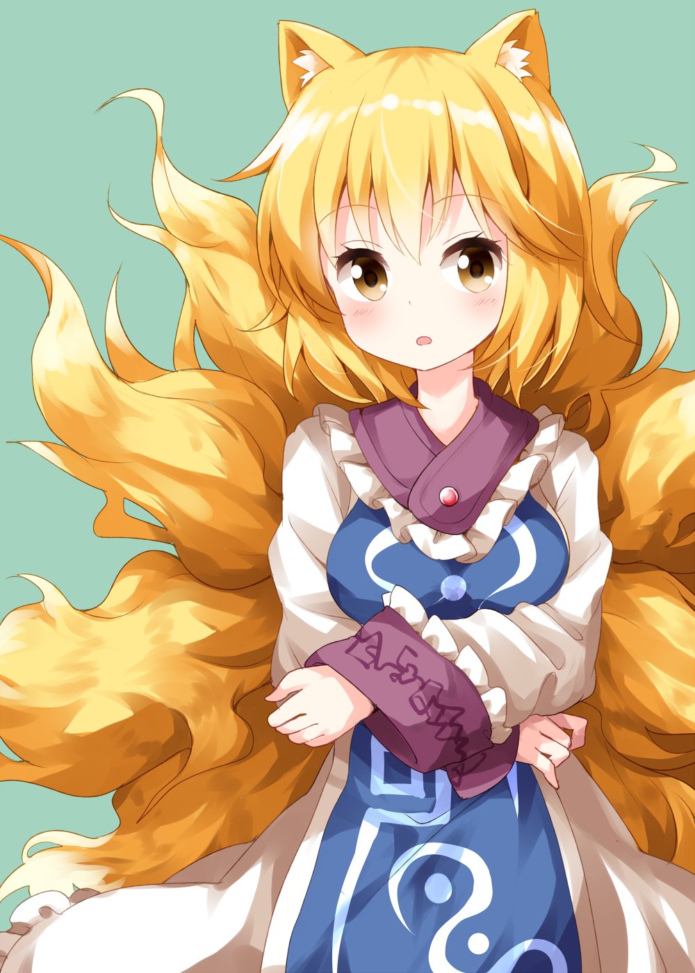 1girl animal_ears blonde_hair crossed_arms dress fox_ears fox_tail frills green_background highres kitsune kyuubi long_sleeves multiple_tails no_hat no_headwear open_mouth ruu_(tksymkw) simple_background solo tabard tail touhou white_dress yakumo_ran yellow_eyes