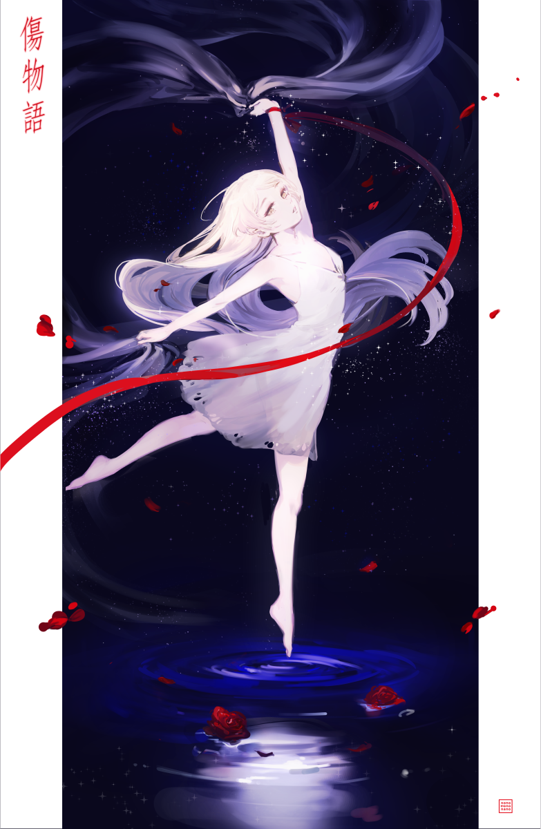 1girl bakemonogatari barefoot blonde_hair character_request commentary dress english_commentary flower flower_on_liquid full_body highres k_(sktchblg) kizumonogatari long_hair long_ribbon looking_at_viewer monogatari_(series) night night_sky oshino_shinobu red_flower red_petals red_ribbon ribbon ripples sky sleeveless sleeveless_dress solo standing standing_on_one_leg star_(sky) starry_sky very_long_hair water white_dress wrist_ribbon yellow_eyes