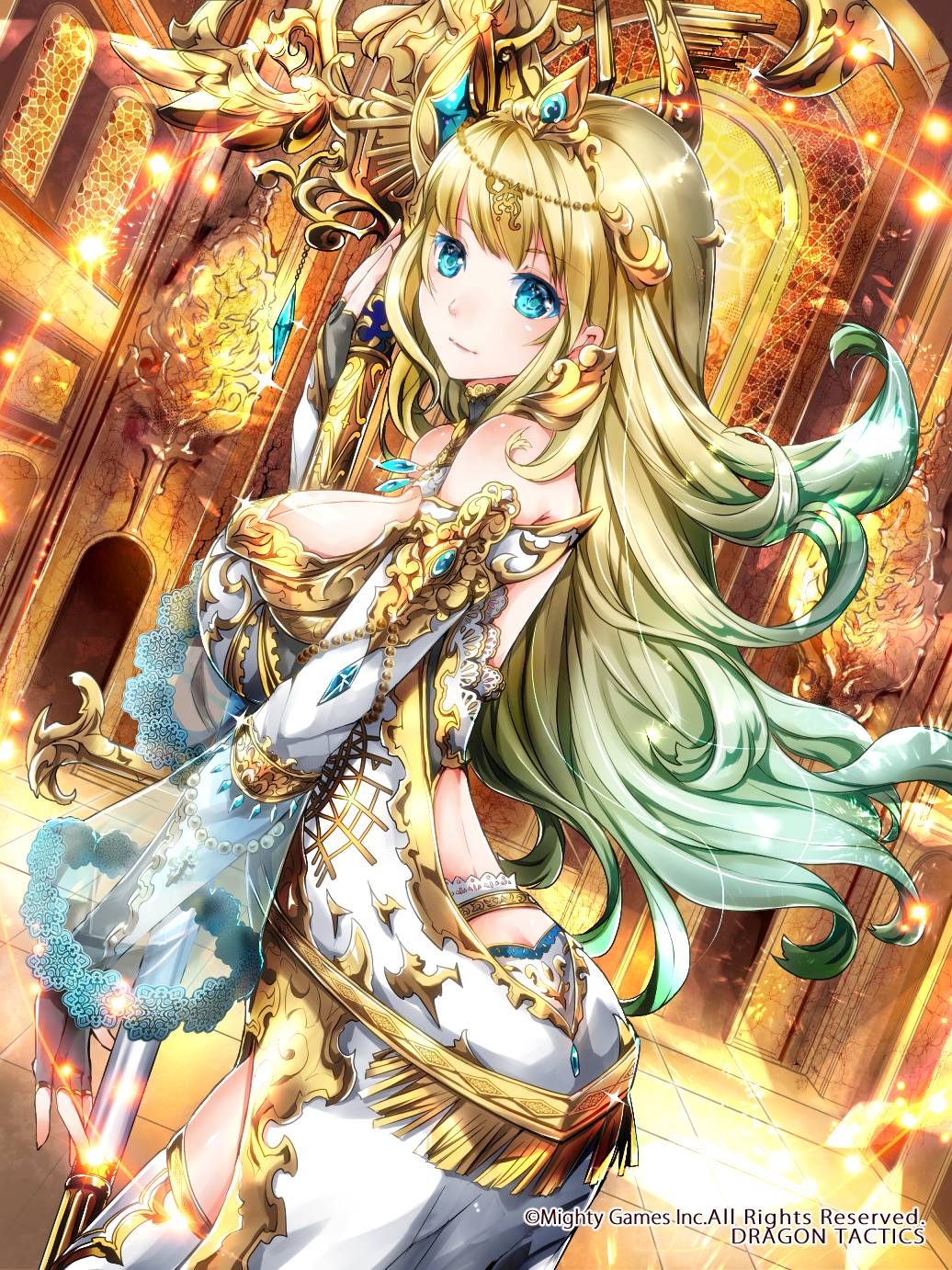 1girl ass blonde_hair blue_eyes breasts cleavage copyright_name detached_sleeves door dragon_tactics dress dutch_angle gem glint gradient_hair highres holding holding_staff indoors jewelry large_breasts long_sleeves looking_at_viewer multicolored_hair official_art ring see-through skyscope smile staff standing thigh-highs tiara white_dress white_legwear