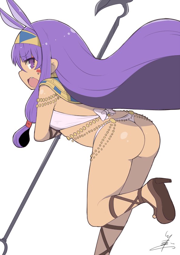 1girl animal_ears ass bangs bikini cross-laced_footwear egyptian_clothes facepaint fang fate/grand_order fate_(series) from_behind hair_ribbon hairband high_heels jackal_ears jewelry long_hair looking_back nitocris_(fate/grand_order) open_mouth purple_hair ribbon sandals scepter signature simple_background solo standing standing_on_one_leg swimsuit thong_bikini tress_ribbon tsukigi violet_eyes white_background white_bikini