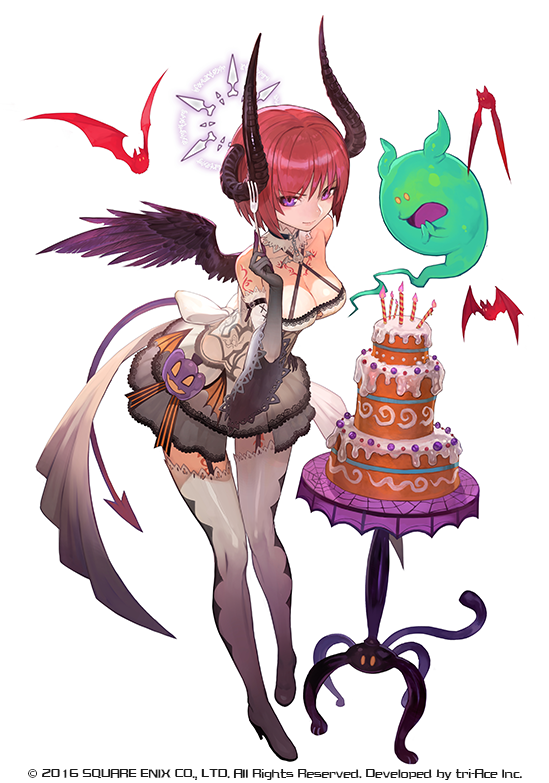 1girl bat boots breasts cake cleavage closed_mouth commentary_request demon_girl demon_horns demon_tail demon_wings dress eyebrows_visible_through_hair food ghost grey_dress high_heel_boots high_heels horns lack looking_at_viewer official_art pantyhose redhead short_dress short_hair simple_background smile solo standing star_ocean succubus table tail violet_eyes waist_cape watermark white_background wings