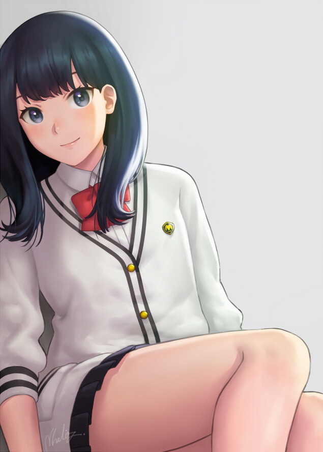 1girl black_hair black_skirt blue_eyes bow bowtie cardigan closed_mouth long_hair long_sleeves looking_at_viewer microskirt natsuyu pleated_skirt red_bow red_neckwear school_uniform shirt simple_background sitting skirt smile ssss.gridman takarada_rikka white_cardigan white_shirt