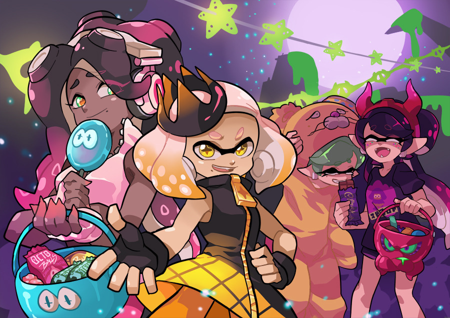+_+ 4girls :d animal_costume aori_(splatoon) bangs bear_costume black_gloves black_hair black_shirt black_shorts black_skin blonde_hair blunt_bangs bucket candy cephalopod_eyes chocolate_bar closed_eyes commentary cousins crop_top crown demon_horns dj_takowasa domino_mask dress earrings eating english_commentary fangs fingerless_gloves food foreshortening full_moon gloves gradient_hair green_eyes grey_hair grin hairband headphones hime_(splatoon) holding holding_food horns hotaru_(splatoon) iida_(splatoon) jellyfish_(splatoon) jewelry laughing leaning_forward lollipop long_hair looking_at_viewer makeup mascara mask medium_hair mole mole_under_eye mole_under_mouth moon multicolored multicolored_hair multicolored_skin multiple_girls night night_sky octarian open_mouth outdoors pantyhose pink_gloves pink_pupils pink_shirt pointy_ears print_shirt purple_hairband shirt short_dress short_sleeves shorts sky sleeveless sleeveless_dress smile splatoon splatoon_(series) splatoon_1 splatoon_2 standing star star_(sky) starry_sky suction_cups t-shirt tentacle_hair trick-or-treating white_hair wong_ying_chee yellow_dress yellow_eyes yellow_legwear zipper zipper_pull_tab