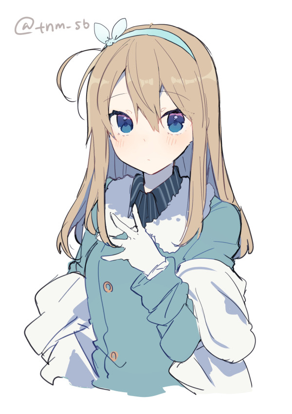 1girl ahoge blue_bow blue_eyes blue_jacket bow brown_hair closed_mouth collared_shirt copyright_request gloves hair_bow hairband hand_up ikeuchi_tanuma jacket long_hair long_sleeves looking_at_viewer off_shoulder shirt solo upper_body white_gloves wing_collar