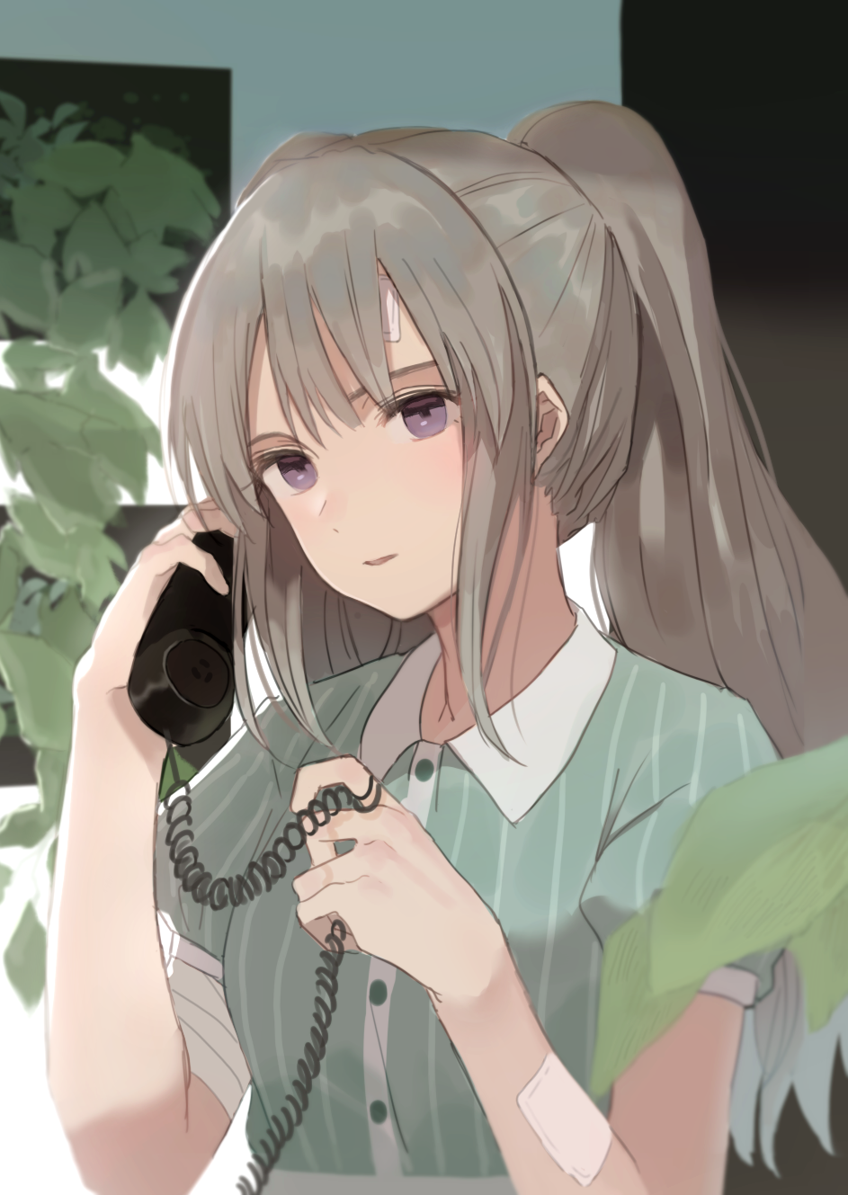 1girl bandage bandaged_arm bandages bandaid bandaid_on_face bangs buttons cable casual collared_shirt corded_phone green_shirt grey_hair hands_up head_tilt highres holding holding_phone idolmaster idolmaster_shiny_colors leaf long_hair looking_at_viewer mxwbr parted_lips phone plant shirt short_sleeves sidelocks solo striped striped_shirt talking_on_phone twintails upper_body violet_eyes yuukoku_kiriko