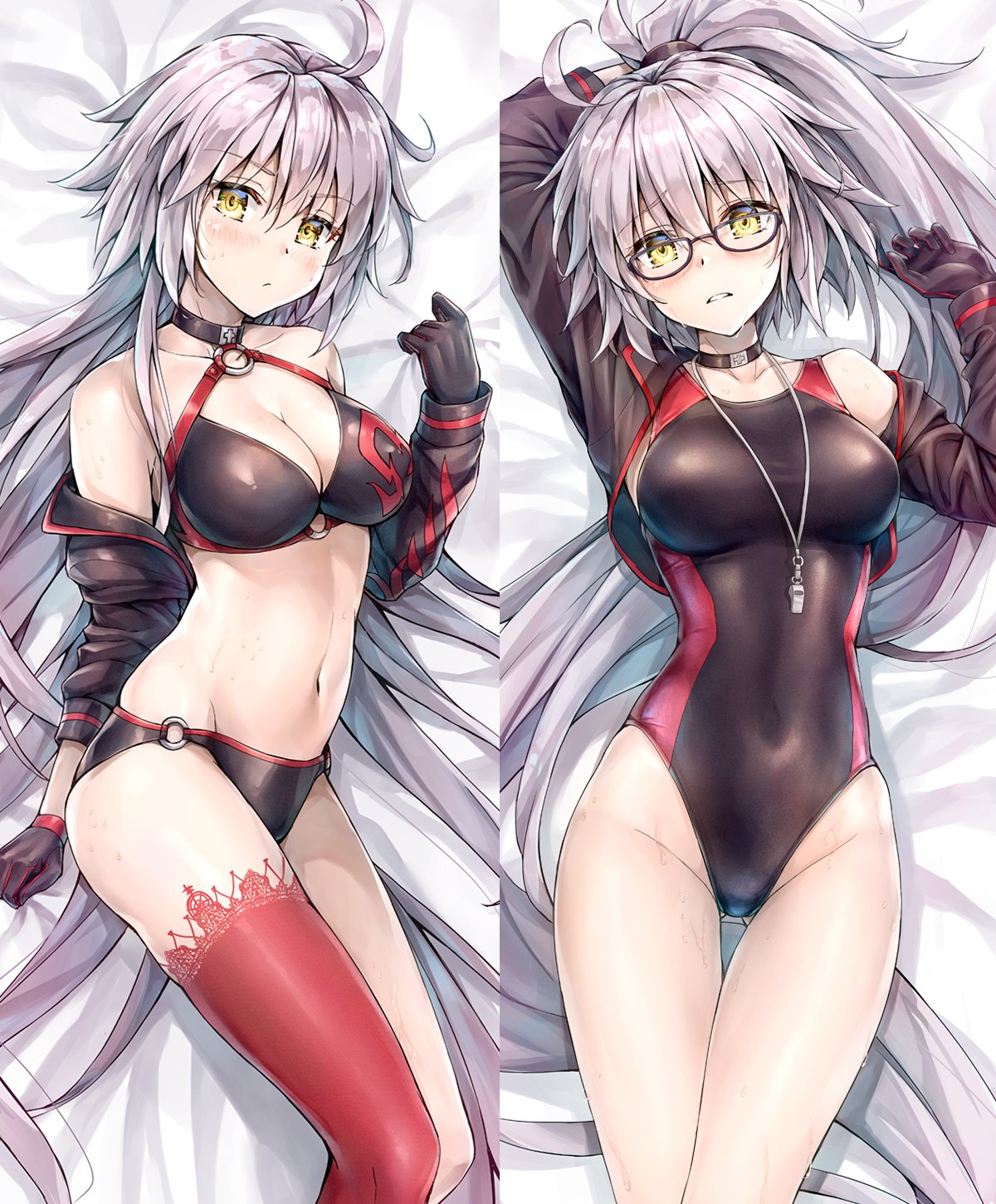 1girl ass_visible_through_thighs bespectacled bikini black_bikini black_choker black_gloves black_jacket black_swimsuit breasts choker cleavage competition_swimsuit cowboy_shot cropped_jacket fate/grand_order fate_(series) glasses gloves highres jacket jeanne_d'arc_(alter_swimsuit_berserker) jeanne_d'arc_(fate)_(all) kotatsu_(kotatsu358) long_hair looking_at_viewer medium_breasts multiple_views o-ring o-ring_bikini o-ring_bottom o-ring_top one-piece_swimsuit red_legwear shrug_(clothing) silver_hair single_thighhigh swimsuit thigh-highs thigh_gap very_long_hair whistle whistle_around_neck yellow_eyes