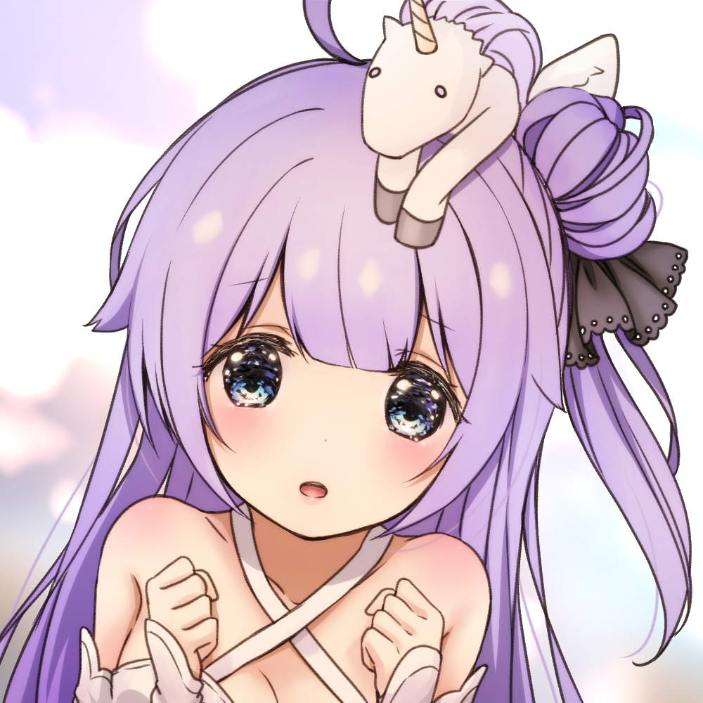 1girl :o ahoge azur_lane bangs bare_shoulders black_bow blue_eyes blush bow breasts catbell cleavage clenched_hands collarbone detached_sleeves eyebrows_visible_through_hair eyelashes hair_bow hands_up head_tilt long_hair looking_at_viewer one_side_up parted_lips purple_hair side_bun sidelocks solo stuffed_alicorn tareme unicorn_(azur_lane) upper_body