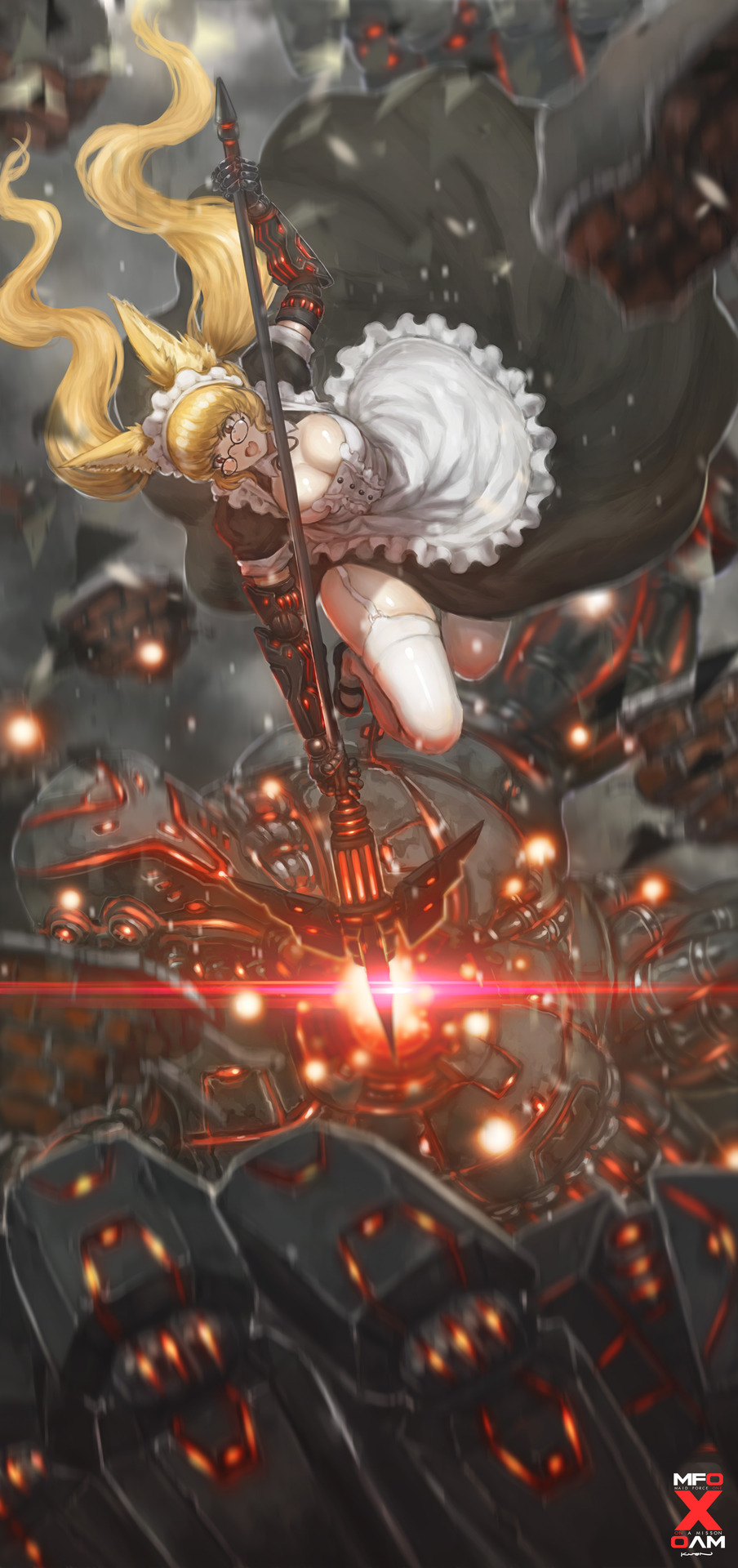 1girl animal_ears apron bangs battle black-framed_eyewear breasts brown_eyes cleavage cyborg fox_ears full_body garter_straps glasses highres jumping kuon_(kwonchanji) large_breasts lens_flare long_hair maid_apron maid_headdress mary_janes mechanical_arms motion_blur open_mouth original polearm robot shoes shouting size_difference solo_focus spear thigh-highs twintails very_long_hair weapon white_legwear