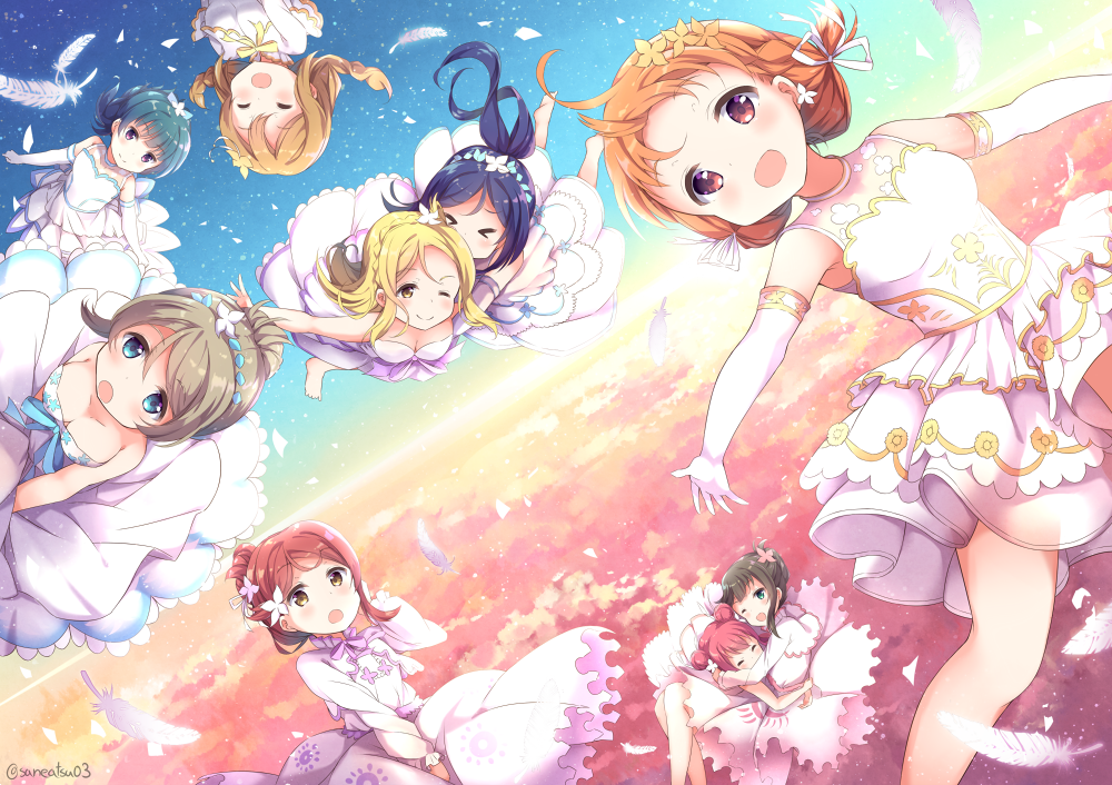 &gt;_&lt; 6+girls :d :o ;) ahoge alternate_hairstyle aqua_eyes bangs black_hair blonde_hair blue_eyes blue_hair blue_neckwear braid breasts brown_eyes brown_hair cleavage clouds crown_braid dress elbow_gloves feathers flower flying gloves grey_hair hair_bun hair_flower hair_ornament hair_ribbon hairband hug kunikida_hanamaru kurosawa_dia kurosawa_ruby long_hair love_live! love_live!_sunshine!! matsuura_kanan medium_breasts multiple_girls neck_ribbon niwasane_(saneatsu03) ohara_mari one_eye_closed open_mouth orange_hair outstretched_arms pink_neckwear ponytail red_eyes redhead ribbon sakurauchi_riko smile spread_arms takami_chika tsushima_yoshiko twin_braids twintails twitter_username violet_eyes watanabe_you white_feathers white_gloves white_ribbon yellow_eyes yellow_neckwear