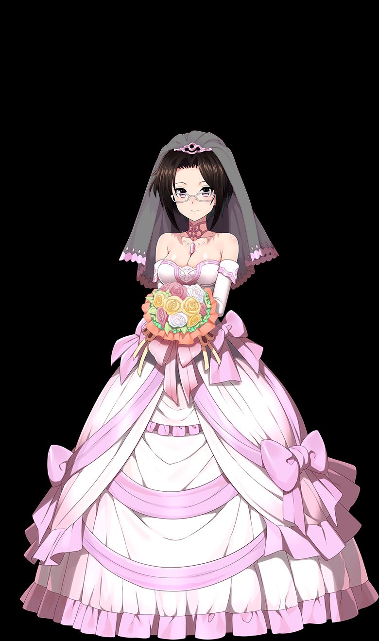 1girl bare_shoulders black_background black_eyes black_hair bouquet bow breasts bridal_gauntlets bride dress dress_bow elbow_gloves farne_(sennen_sensou_aigis) flower full_body gem glasses gloves highres holding holding_bouquet jewelry large_breasts looking_at_viewer necklace official_art pink_bow sennen_sensou_aigis short_hair sidelocks smile solo veil white-framed_eyewear white_dress