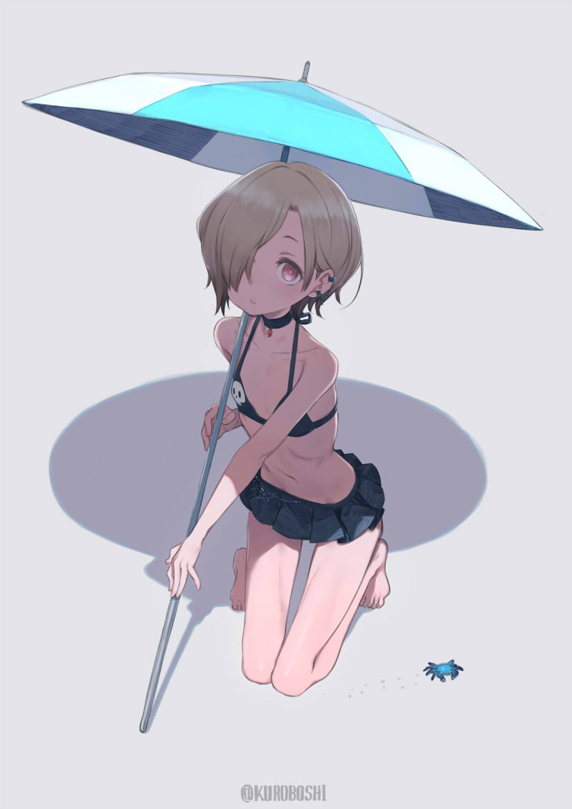 1girl bikini bikini_skirt black_bikini choker collarbone crab ear_piercing expressionless flat_chest hair_over_one_eye halterneck holding holding_umbrella idolmaster idolmaster_cinderella_girls kneeling kuroboshi_kouhaku looking_at_viewer piercing red_eyes shadow shirasaka_koume short_hair signature simple_background skull_print solo swimsuit umbrella