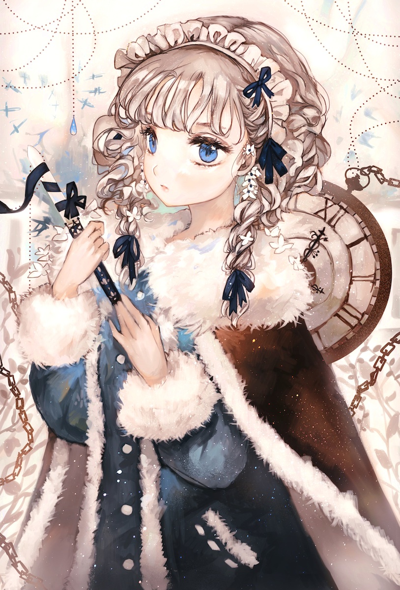 1girl abstract_background alternate_costume arms_up bangs blue_eyes braid cape chains coat cowboy_shot expressionless eyelashes flower fur-trimmed_cape fur-trimmed_sleeves fur_trim hair_flower hair_ornament hair_ribbon highres holding holding_knife izayoi_sakuya knife looking_to_the_side maid_headdress majamari pocket_watch red_cape ribbon roman_numerals short_hair silver_hair solo standing touhou tress_ribbon twin_braids watch winter_clothes winter_coat