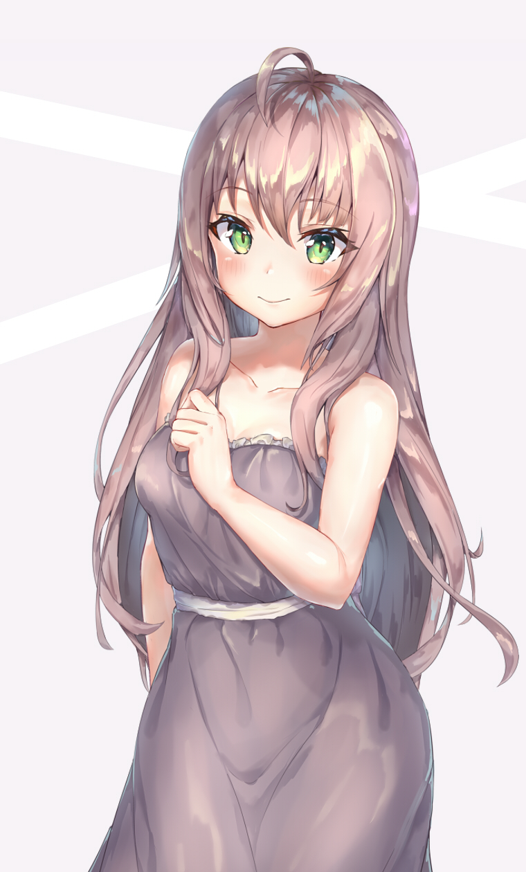 1girl ahoge arm_behind_back bangs bare_arms bare_shoulders blush breasts cleavage closed_mouth collarbone cowboy_shot dress eyebrows_visible_through_hair frilled_dress frills green_eyes grey_dress hand_up highres long_hair looking_at_viewer medium_breasts mishuo_(misuo69421) original ribbon sidelocks silver_hair simple_background sleeveless sleeveless_dress smile solo standing white_background white_ribbon