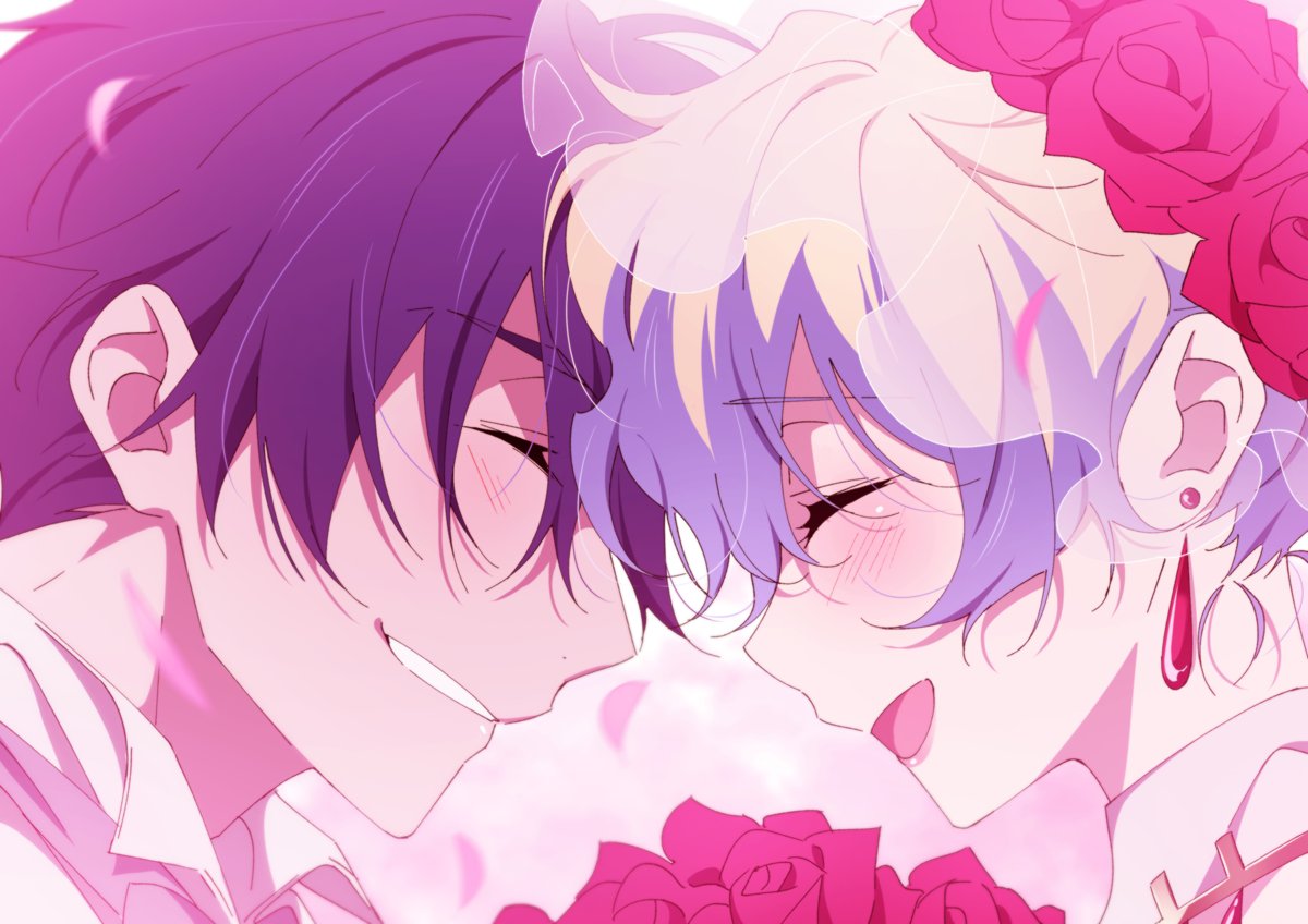 1boy 1girl blue_hair bridal_veil closed_eyes commentary_request earrings eyebrows_visible_through_hair flower grin happy jewelry nia_teppelin ntend open_mouth short_hair silver_hair simon smile teeth tengen_toppa_gurren_lagann veil