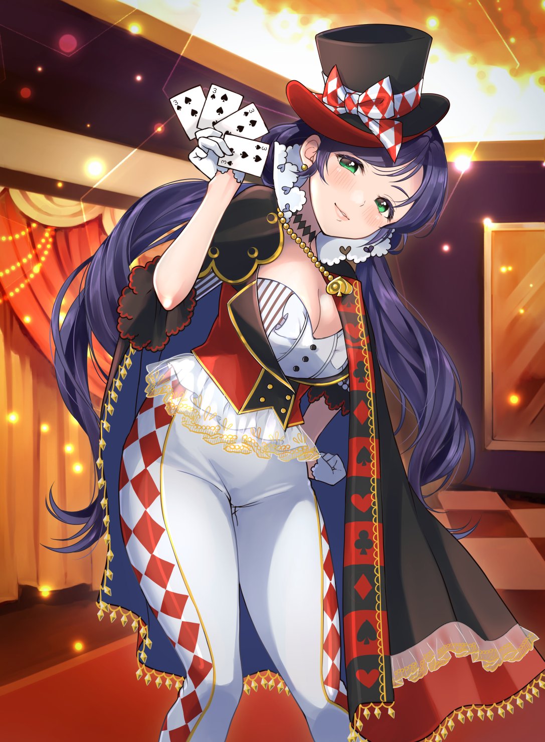 1girl argyle argyle_pants black_choker black_hat blush breasts cape card checkered checkered_floor choker cleavage commentary_request earrings gloves green_eyes hand_on_hip hat hat_ribbon highres holding holding_card indoors jewelry kate_iwana long_hair looking_at_viewer love_live! love_live!_school_idol_project magician medium_breasts pants playing_card playing_card_print purple_hair ribbon smile solo stage_curtains top_hat toujou_nozomi twintails very_long_hair vest white_gloves white_pants