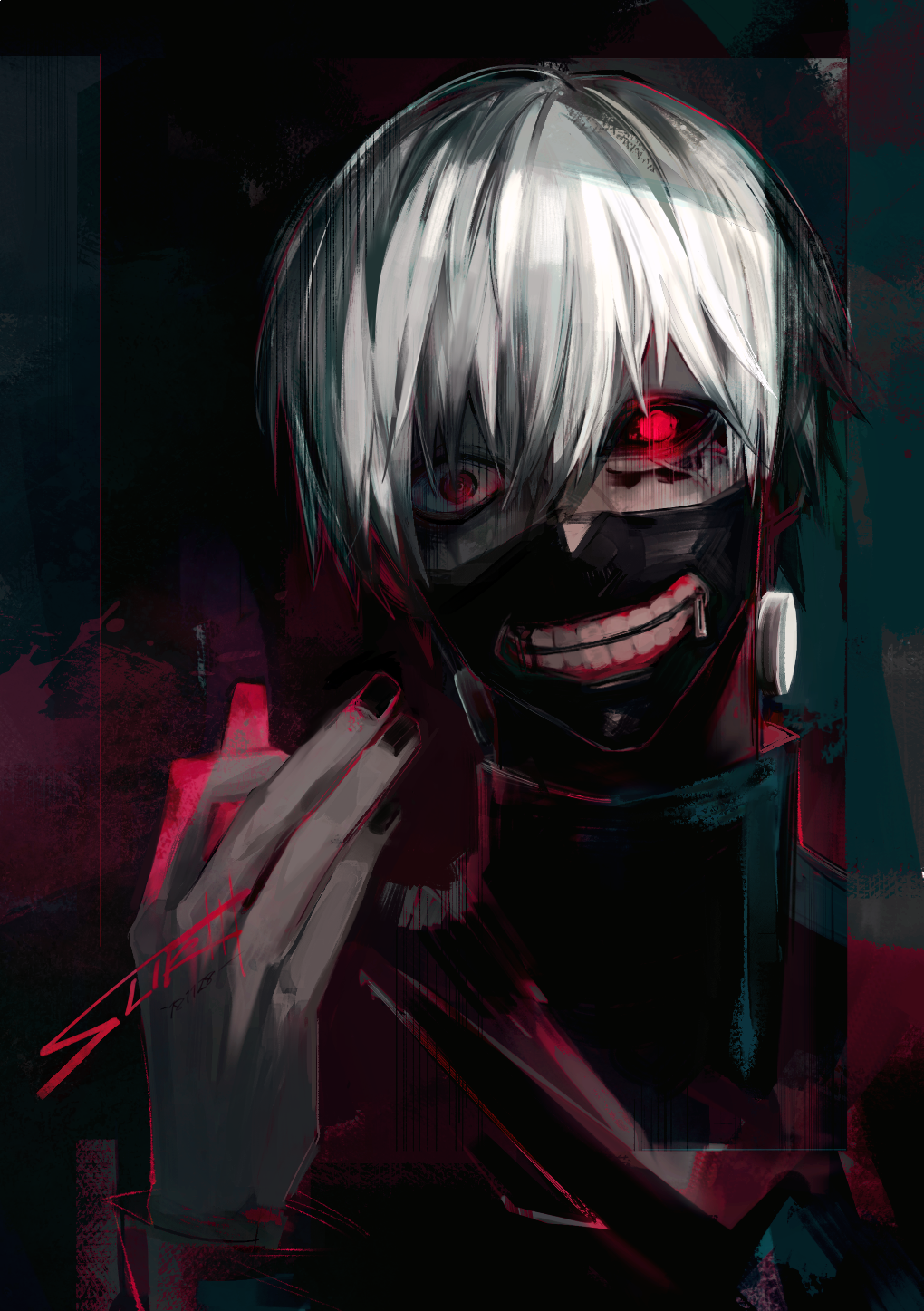 1boy black_background black_clothes black_nails ghoul highres kaneki_ken mask nail_polish open_eyes red_eyes short_hair sliklll tokyo_ghoul white_hair