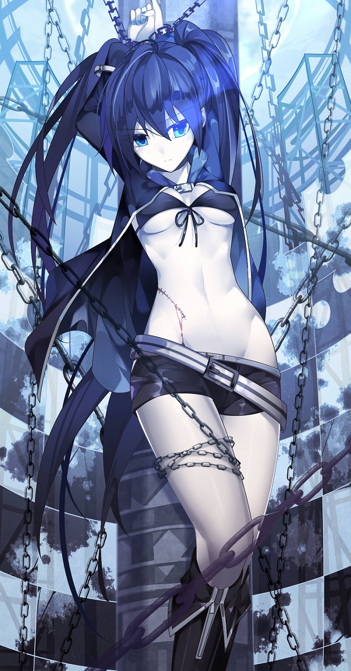 1girl 931466095 arms_up black_bikini_top black_footwear black_hair black_jacket black_rock_shooter black_rock_shooter_(character) black_shorts blue_eyes boots breasts chains checkered cleavage eyebrows_visible_through_hair floating_hair front-tie_bikini front-tie_top groin hair_between_eyes highres jacket knee_boots long_hair medium_breasts navel open_clothes open_jacket scar short_shorts shorts solo standing twintails under_boob very_long_hair white_skin