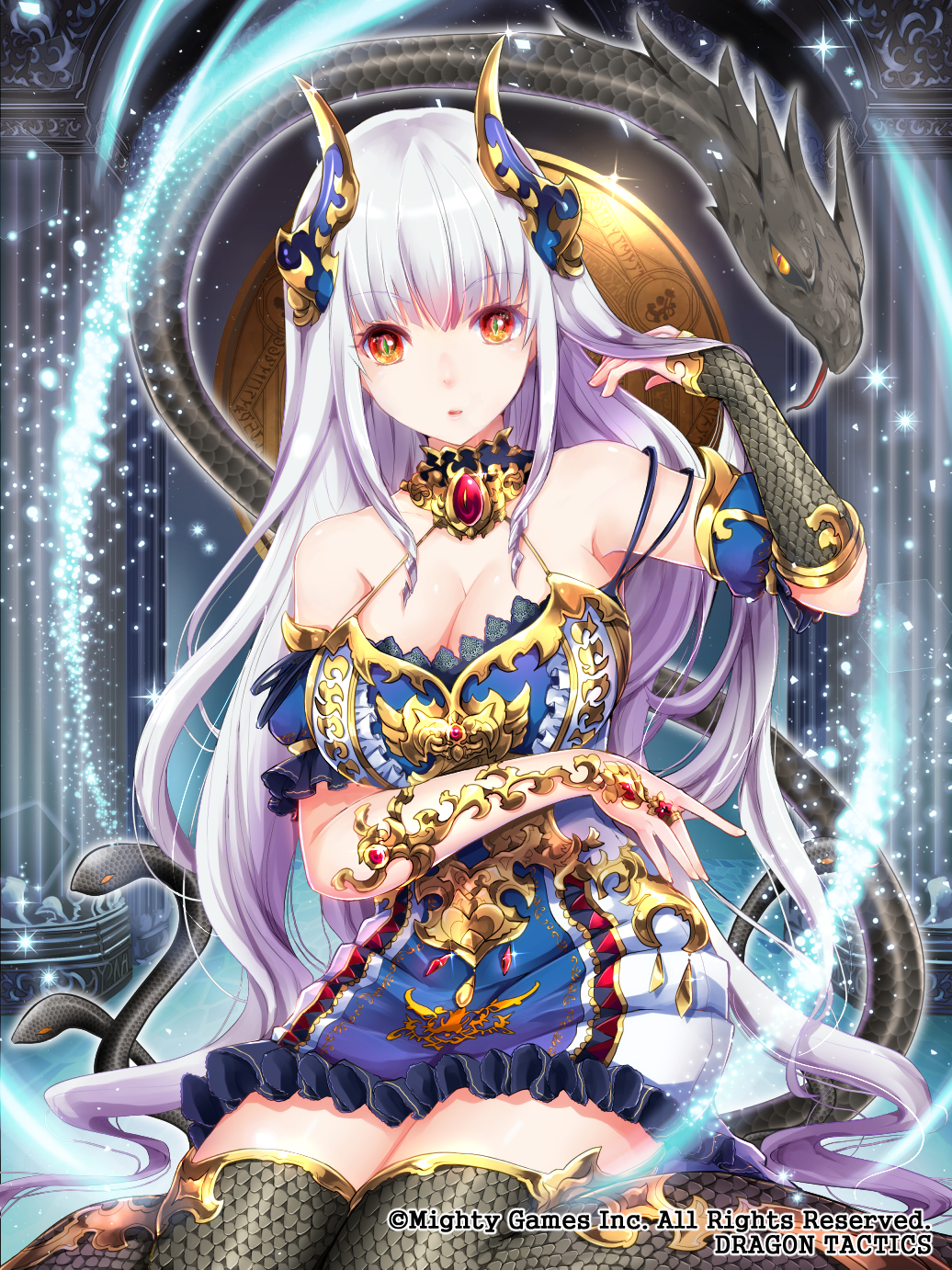 1girl bare_shoulders black_legwear blue_dress breasts copyright_name detached_collar dragon dragon_tactics dress gem gold_trim hand_up highres horns indoors long_hair looking_at_viewer medium_breasts official_art short_sleeves sitting skyscope snake solo thigh-highs wariza white_hair