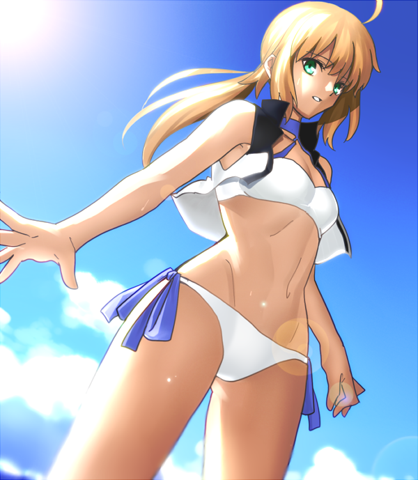 1girl ahoge artoria_pendragon_(all) artoria_pendragon_(swimsuit_archer) bikini blonde_hair blue_ribbon blue_sky breasts cleavage clouds cowboy_shot eyebrows_visible_through_hair fate/grand_order fate_(series) from_below green_eyes groin halterneck lens_flare long_hair looking_at_viewer parted_lips ponytail ribbon sen_(77nuvola) sky small_breasts solo standing swimsuit white_bikini