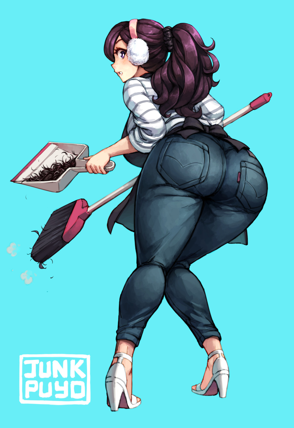 1girl :o apron artist_name ass black_apron blue_background breasts broom denim dustpan earmuffs from_behind full_body high_heels highres holding horizontal_stripes huge_breasts jeans junkpuyo knees_together_feet_apart leaning_forward long_hair long_sleeves looking_at_viewer looking_back no_socks original pants parted_lips pigeon-toed ponytail profile purple_hair scrunchie severed_hair shirt simple_background solo standing strappy_heels striped striped_shirt surprised thick_thighs thighs violet_eyes white_footwear