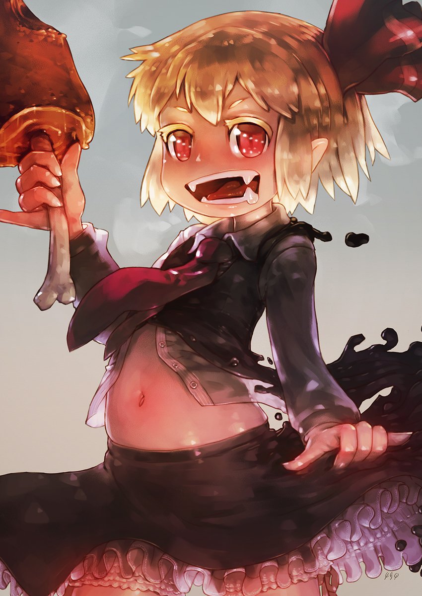 1girl arm_up black_skirt black_vest blonde_hair bloomers boned_meat collared_shirt cowboy_shot darkness dress_shirt fangs fingernails food grey_background hair_ribbon highres holding holding_food long_sleeves looking_at_viewer meat miniskirt navel necktie open_mouth petticoat pointy_ears red_eyes red_neckwear red_ribbon ribbon rumia shirt short_hair skirt skirt_set solo stomach teeth tongue touhou unbuttoned unbuttoned_shirt underwear vest white_shirt wing_collar yst