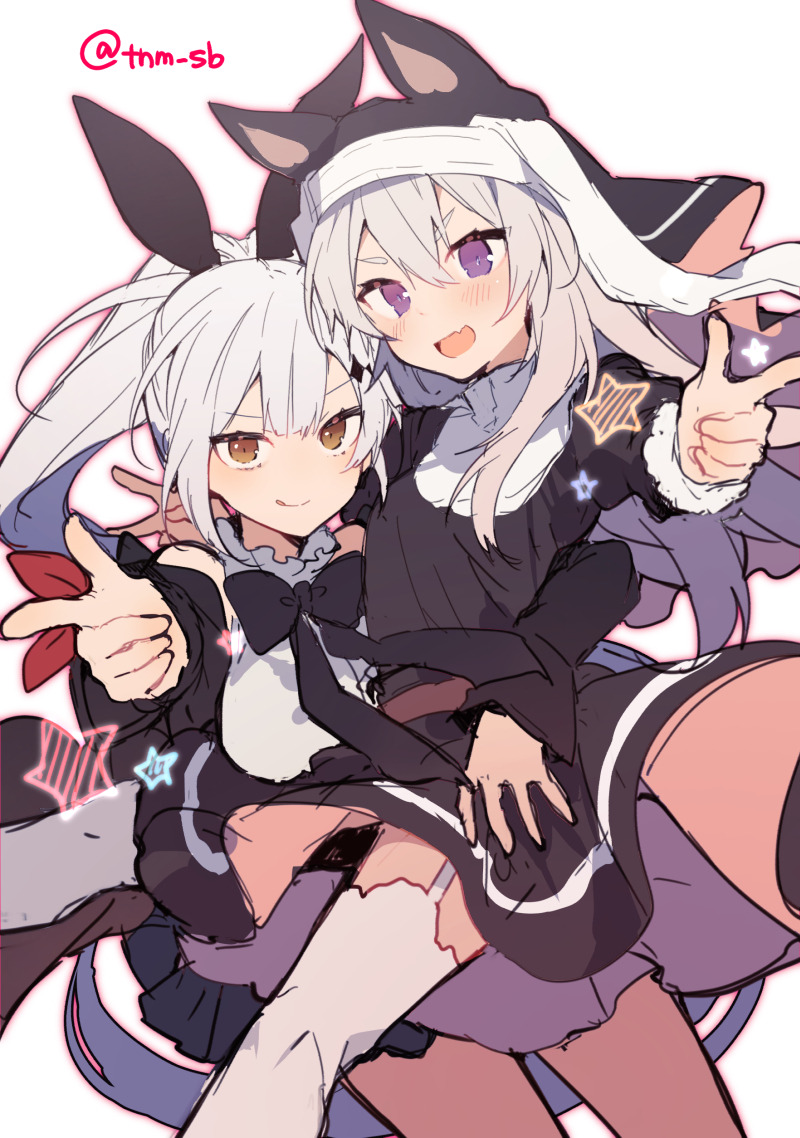 2girls animal_ears blush breasts brown_eyes cat_ears commentary_request eyebrows_behind_hair fang finger_gun five-seven_(girls_frontline) girls_frontline habit ikeuchi_tanuma long_hair looking_at_viewer multiple_girls nun open_mouth p7_(girls_frontline) ponytail ribbon silver_hair thigh-highs violet_eyes