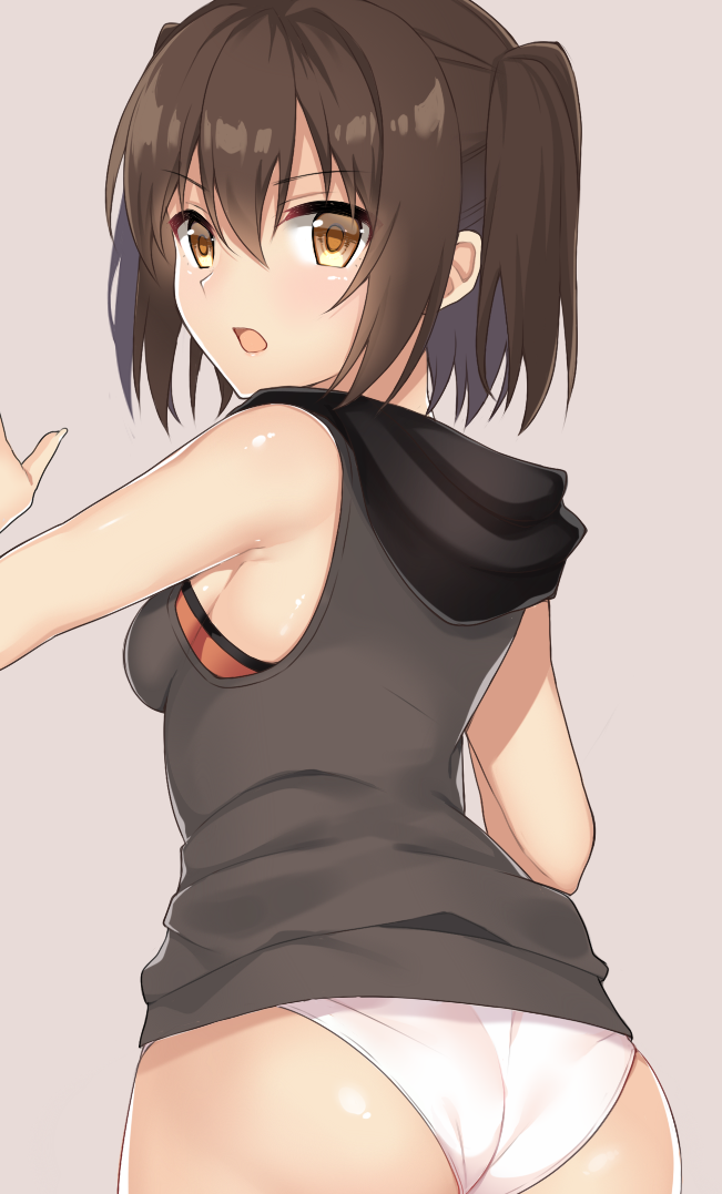 1girl :o armpit_crease ass back bare_shoulders breasts brown_eyes brown_hair commentary_request cowboy_shot from_behind grey_background hand_up hood hood_down hooded_sweater hoodie kantai_collection looking_at_viewer looking_back no_pants open_mouth panties sendai_(kantai_collection) short_hair simple_background small_breasts solo sweater sweater_vest two_side_up underwear v-shaped_eyebrows white_panties yuzuttan