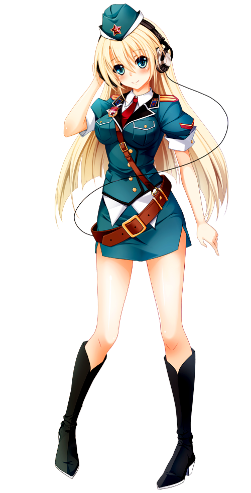 1girl aqua_hat arm_at_side belt black_footwear blue_eyes blush boots breasts full_body hand_up headphones long_hair looking_at_viewer official_art patriarch_xtasy red_neckwear short_sleeves smile solo standing star tatiana_gachinsky transparent_background uniform very_long_hair