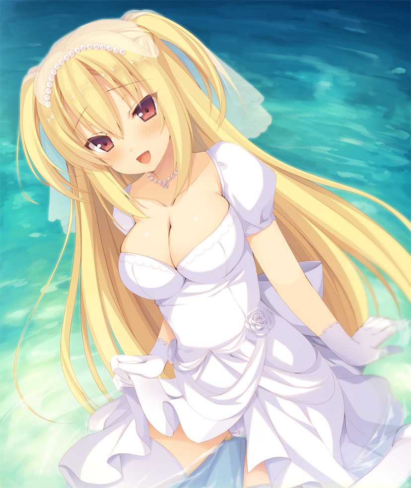1girl :d aotsu_karin arihara_nanami arm_support bangs blonde_hair blush breasts cleavage commentary_request day dress eyebrows_visible_through_hair flower gloves hair_between_eyes jewelry large_breasts long_hair necklace open_mouth outdoors panties pearl_necklace red_eyes riddle_joker rose see-through shallow_water sitting smile solo thigh-highs two_side_up underwear veil very_long_hair wariza water white_dress white_flower white_gloves white_legwear white_panties white_rose