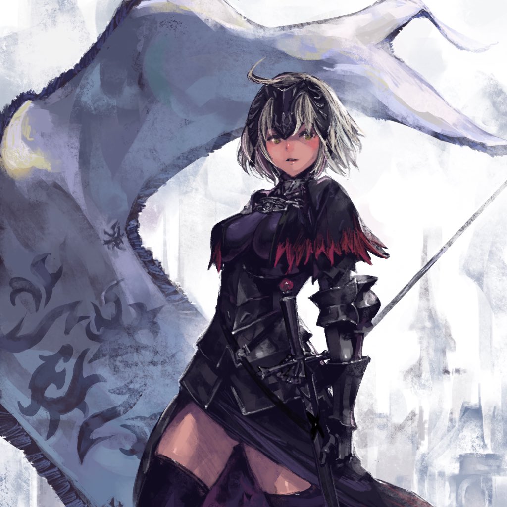 1girl bangs banner black_dress black_legwear breasts building chains commentary_request dress fate/grand_order fate_(series) flag gauntlets headpiece holding holding_flag jeanne_d'arc_(alter)_(fate) jeanne_d'arc_(fate)_(all) kazama_raita open_mouth short_hair silver_hair solo standing sword tsurime weapon white_background yellow_eyes