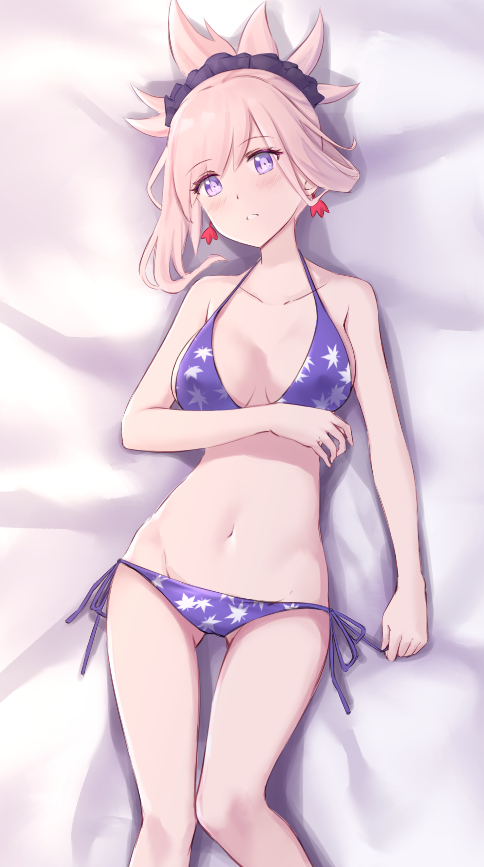 1girl bangs bare_arms bare_shoulders bed_sheet bikini blush breasts collarbone commentary_request earrings eyebrows_visible_through_hair fate/grand_order fate_(series) gluteal_fold groin hair_between_eyes head_tilt highres jewelry jilu leaf_print long_hair looking_at_viewer lying medium_breasts miyamoto_musashi_(fate/grand_order) navel on_back parted_lips pink_hair purple_bikini side-tie_bikini solo swimsuit violet_eyes