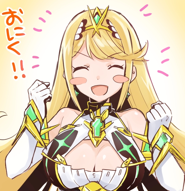 1girl armor bangs blonde_hair breasts cleavage cleavage_cutout closed_eyes earrings gem gloves headpiece mythra_(xenoblade) jewelry large_breasts madanai_(morisumeshi) nintendo open_mouth solo swept_bangs thigh_strap tiara xenoblade_(series) xenoblade_2