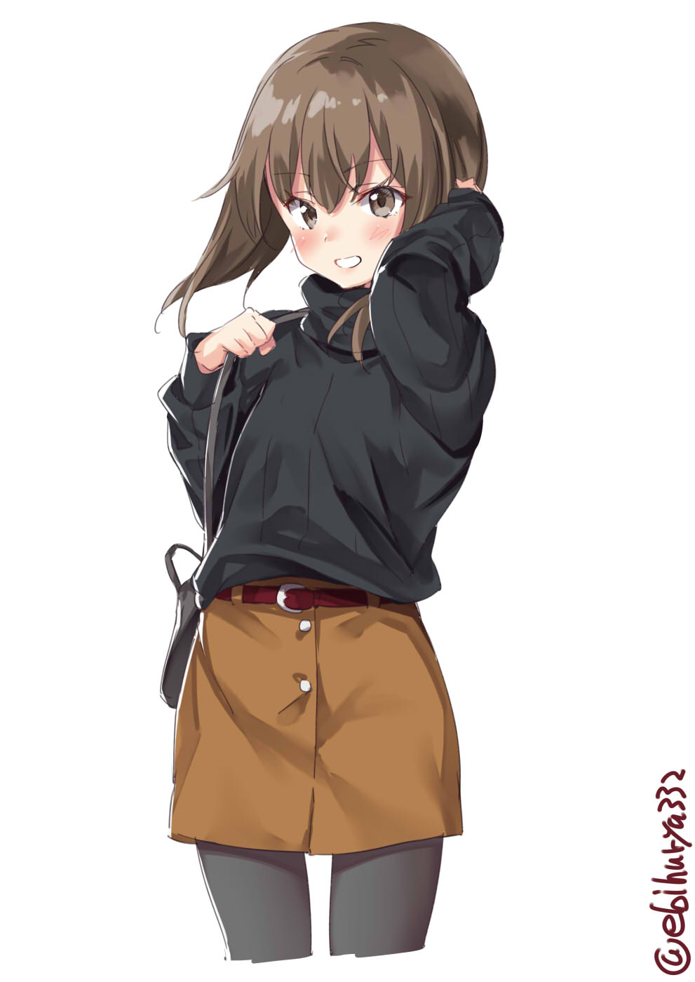 1girl alternate_costume bag belt black_legwear blush brown_eyes brown_hair brown_skirt closed_mouth ebifurya eyebrows_visible_through_hair hair_between_eyes highres kantai_collection looking_at_viewer pantyhose pencil_skirt short_hair simple_background skirt smile solo sweater taihou_(kantai_collection) white_background