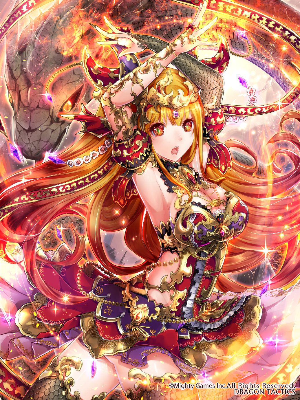 1girl :o armlet armpits arms_up black_legwear black_pupils breasts brown_hair cleavage company_name copyright_name dragon dragon_tactics frills gem gold_trim highres horns long_hair looking_at_viewer medium_breasts official_art orange_eyes scales side_cutout skyscope sparkle standing thigh-highs twisted_torso very_long_hair