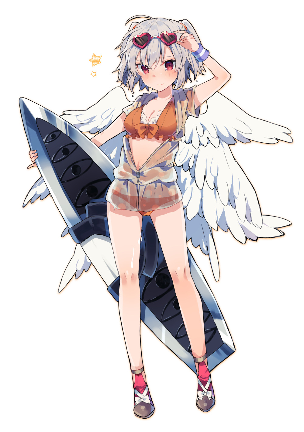 1girl adjusting_eyewear ahoge angel_chromosome_xx angel_wings bikini blush closed_mouth contrapposto embarrassed eyewear_on_head frilled_bikini frills full_body grey_hair hand_up heart heart-shaped_eyewear highres holding ikeuchi_tanuma jacket looking_at_viewer multiple_wings open_clothes open_jacket orange_bikini red_eyes red_footwear see-through seraph shoes short_sleeves simple_background smile solo standing star sunglasses surfboard swimsuit tabris-xx two_side_up white_background white_wings wings wristband