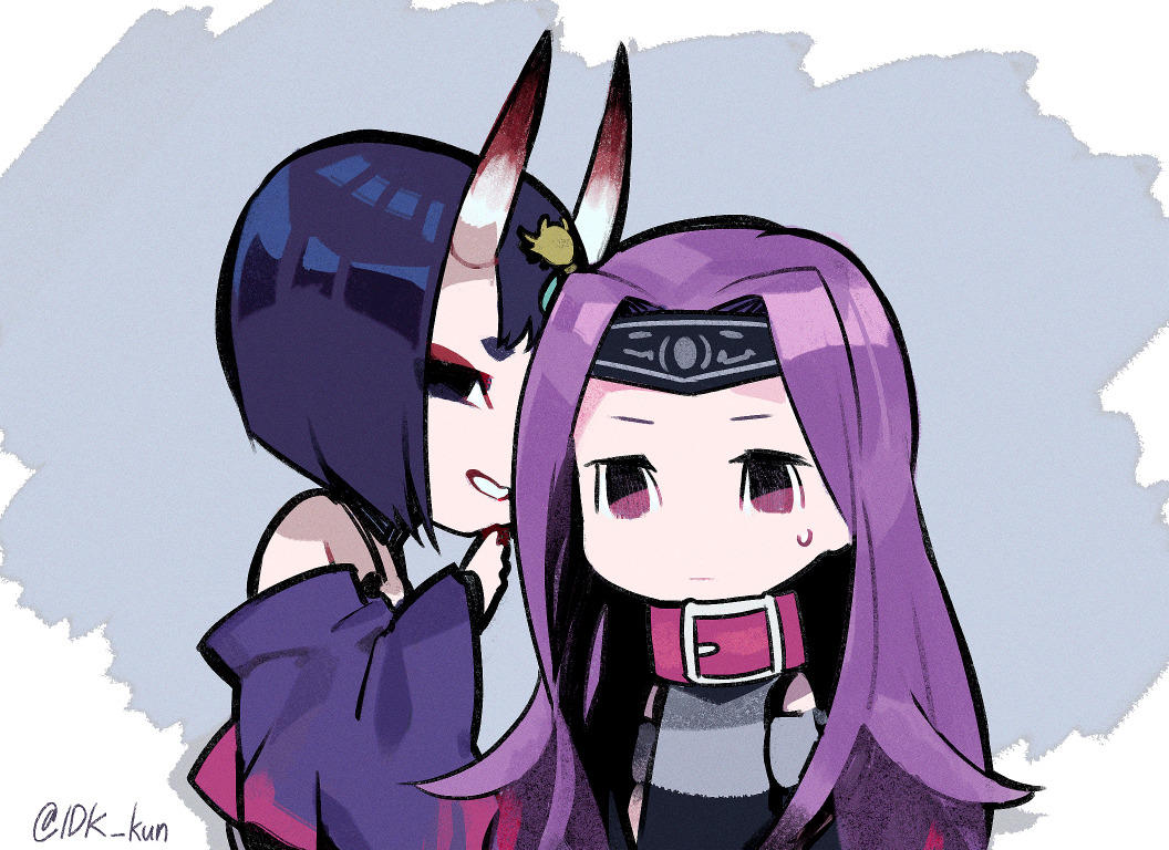 2girls bangs belt_collar chibi eyeshadow fate/grand_order fate_(series) grin headband idk-kun japanese_clothes kimono long_hair makeup medusa_(lancer)_(fate) multiple_girls off_shoulder parted_bangs purple_hair purple_kimono rider short_hair shuten_douji_(halloween)_(fate) smile smug sweatdrop twitter_username violet_eyes