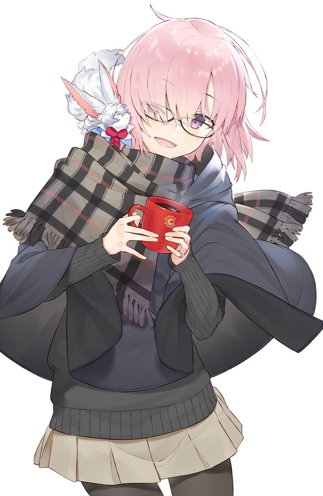 cloak coffee_mug cup fate/grand_order fate_(series) fou_(fate/grand_order) glasses hair_over_one_eye hayashi_kewi looking_at_viewer mash_kyrielight mug open_mouth pantyhose pink_hair scarf short_hair skirt sweater violet_eyes