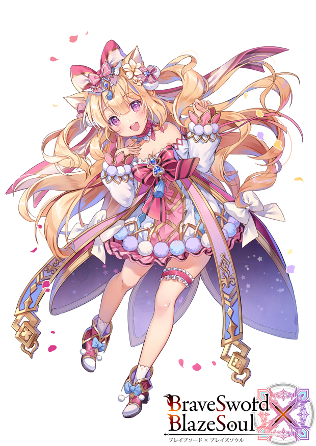 1girl :d animal_ears bangs blonde_hair blush boots bow brave_sword_x_blaze_soul cat_ears character_request copyright_name detached_sleeves dress eyebrows_visible_through_hair flower full_body hair_between_eyes hair_bow hair_flower hair_ornament hands_up head_tilt high_heel_boots high_heels long_hair long_sleeves official_art open_mouth petals pink_bow pom_pom_(clothes) puffy_long_sleeves puffy_sleeves red_footwear round_teeth simple_background sleeves_past_wrists smile socks solo strapless strapless_dress striped striped_bow teeth two_side_up upper_teeth very_long_hair violet_eyes white_background white_bow white_dress white_flower white_legwear white_sleeves yeonwa