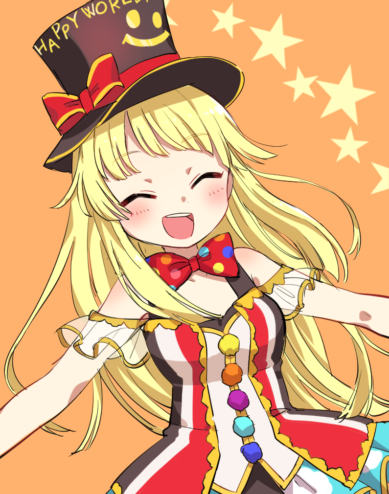 1girl :d ^_^ bang_dream! bangs bd_ayknn black_hat blonde_hair blush bow bowtie closed_eyes closed_eyes frills hat hat_ribbon headwear_writing long_hair open_mouth orange_background outstretched_arms polka_dot_neckwear pom_pom_(clothes) red_neckwear red_ribbon ribbon shoulder_cutout simple_background skirt smile smiley_face solo spread_arms star top_hat tsurumaki_kokoro