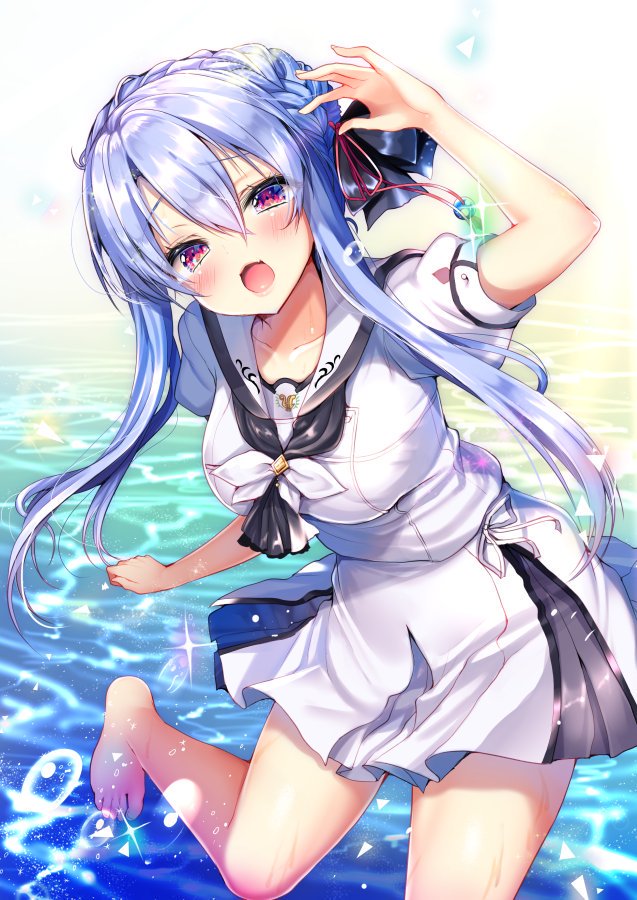 1girl ayuma_sayu bangs black_bow blue_hair blush bow braid breasts commentary_request hair_ornament long_hair looking_at_viewer medium_breasts no_legwear no_shoes open_mouth outdoors red_eyes smile solo sorakado_ao summer_pockets tagme