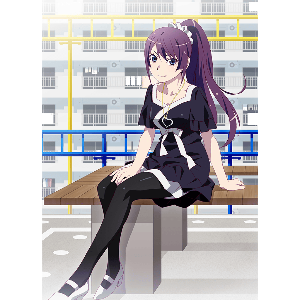 bench blue_eyes building dress hand_on_thigh jewelry looking_at_viewer monogatari_(series) necklace park_bench playground ponytail purple_hair scrunchie senjougahara_hitagi smile watanabe_akio